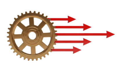 Isolated conceptual illustration showing forward progress with golden gear and red arrows