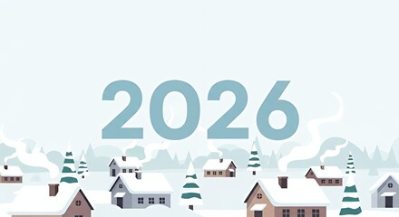 Winter Village Scene with Snow Covered Houses and Pine Trees in Cold Atmosphere for New Year 2026 Celebration