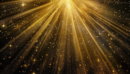 Golden rays of light emanate from a central point, interspersed with glittering particles on a dark background, creating a radiant and celebratory effect
