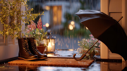 Rainy day scene featuring black rubber boots, an umbrella, and decorative plants on a porch with soft lighting