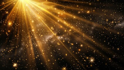 Golden rays emanate from a bright light source, illuminating a dark background speckled with glittering particles, creating a celestial, radiant effect