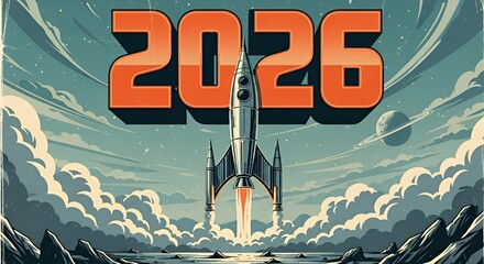Futuristic Rocket Launch with Bold 2026 Text in Space Scene