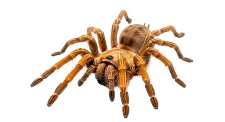 Isolated golden knee tarantula, a large spider with hairy legs, from above against neutral tone