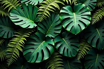 Tropical jungle background with lush green Monstera deliciosa and fern leaves. Exotic natural plant pattern for wallpaper.