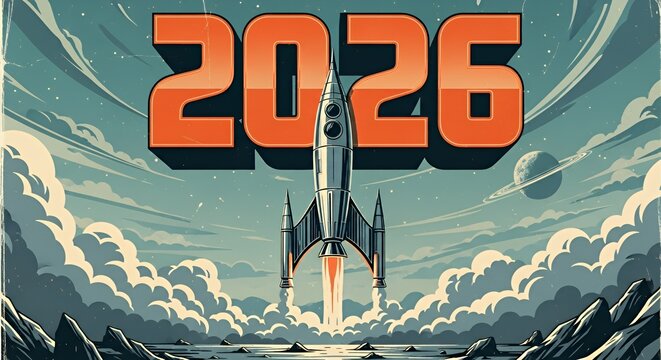 Futuristic Rocket Launch with Bold 2026 Text in Space Scene