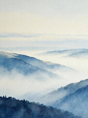 Misty Blue Mountain Watercolor Landscape