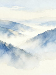 Misty Blue Mountain Watercolor Landscape