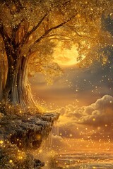 Golden tree on cliff edge, glowing particles, full moon backdrop, dreamy atmosphere