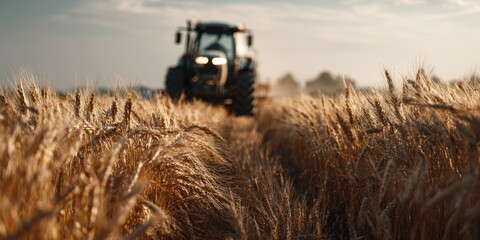 Golden wheat field with a tractor in the background, sunlit, shallow depth of field, emphasizing the texture and color of the ripe grain