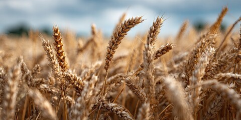 Golden wheat stalks in a field, sunlight illuminates the foreground, blurred background of more wheat and cloudy sky