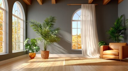 A minimalist living room with taupe walls, a caramel leather armchair, and a woven jute rug. Sunlight streams through sheer curtains, casting gentle shadows.