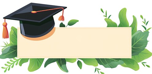Graduation cap, announcement with foliage, education background, for invitations