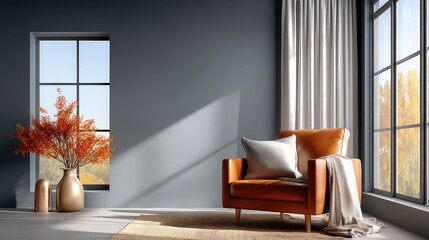A minimalist living room with taupe walls, a caramel leather armchair, and a woven jute rug. Sunlight streams through sheer curtains, casting gentle shadows.