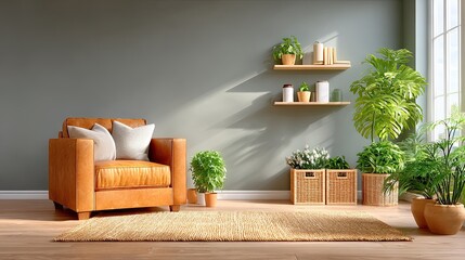 A minimalist living room with taupe walls, a caramel leather armchair, and a woven jute rug. Sunlight streams through sheer curtains, casting gentle shadows.