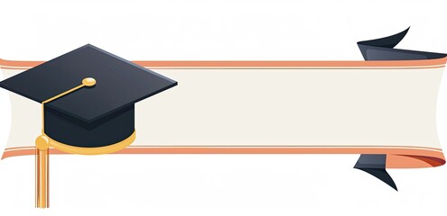 Graduation cap sits on ribbon background. Use for academic themed invitations