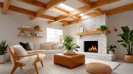 A modern farmhouse living space with a whitewashed brick fireplace, a tan leather ottoman, and soft daylight enhancing the warm wood accents.