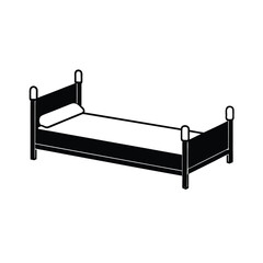 Minimalist black silhouette of a bed on a clean white background