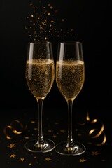 Two glasses with champagne and celebratory New Year theme in dark background