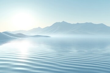Serene Lake, mountain backdrop, bright sun, hazy atmosphere