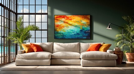 A neutral-toned living room with a sand-colored sectional, a black metal floor lamp, and a large abstract painting. Sunbeams create dynamic light patterns.