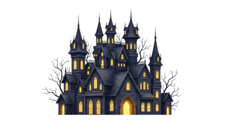 Obraz premium Isolated spooky mansion, eerie dark castle with lighted windows in front of bare trees
