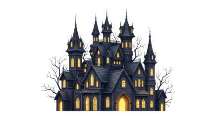 Isolated spooky mansion, eerie dark castle with lighted windows in front of bare trees