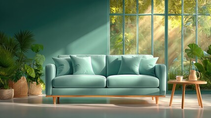 A Scandinavian-inspired living room with a muted sage sofa, a round oak coffee table, and soft diffused light from large north-facing windows.