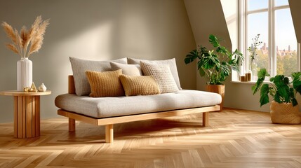 A serene living space with a pale oak herringbone floor, a linen-upholstered daybed, and soft diffused light from a skylight above.