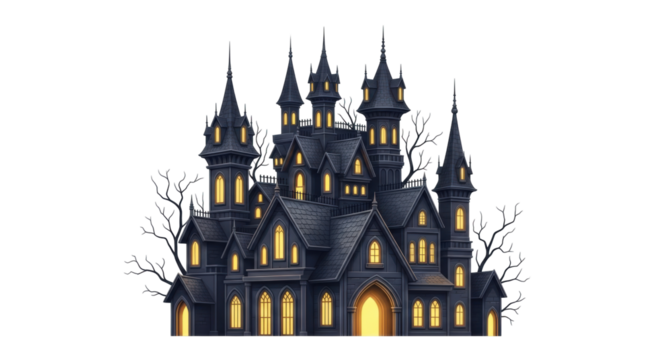 Isolated spooky mansion, eerie dark castle with lighted windows in front of bare trees