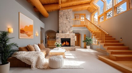 A warm and inviting living space with a chocolate brown sofa, cream knit throws, and a stone fireplace. Morning light highlights the textured materials.