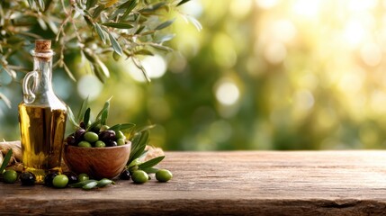 An exquisite still life of a bottle of olive oil and a bowl of fresh olives captures the essence of nature's bounty, perfect for culinary or Mediterranean themes.