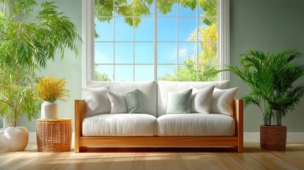 An airy living room with light oak flooring, a cream-colored sofa, and a rattan side table. Sunlight filters through linen drapes, creating a serene ambiance.