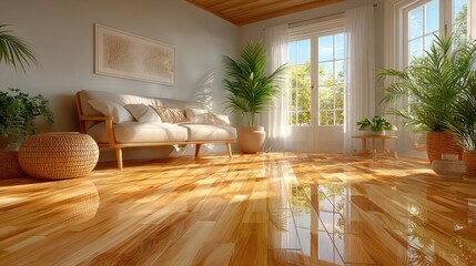 An airy living room with light oak flooring, a cream-colored sofa, and a rattan side table. Sunlight filters through linen drapes, creating a serene ambiance.