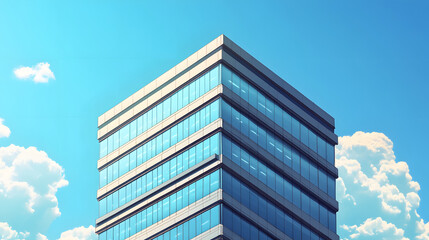A business office building set against a clear blue sky, standing tall in the city center.