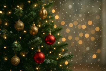 Christmas tree decorated with red and gold baubles, holiday card background