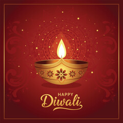 Happy Diwali Festival of Lights card design with red background, glowing diya, sparkling stars, and mandala typography perfect for festive greeting cards, banners, and posters.