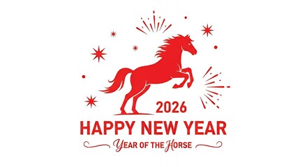 Red Horse Illustration Celebrating 2026 New Year with Fireworks and Festive Design
