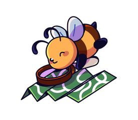 Cute honey bee looks through magnifier at paper map. Funny honeybee searches for route, way with magnifying glass. Happy bumblebee navigates. Flat isolated vector illustration on white background.
