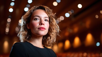 A poised woman stands confidently in a theatrical setting, illuminated by warm lights, embodying the essence of performance, art, and personal strength in a creative atmosphere.