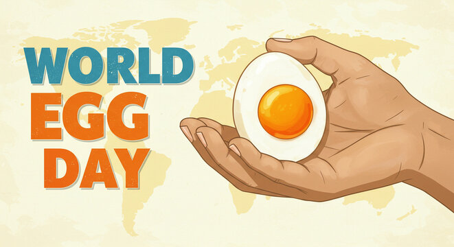 Celebrate World Egg Day with this fun graphic featuring a hand holding a delicious egg against a backdrop of the world map, perfect for food bloggers and social media campaigns