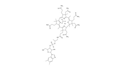 methylcobalamin molecule, structural chemical formula, ball-and-stick model, isolated image bioactive vitamin b12