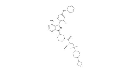 rilzabrutinib molecule, structural chemical formula, ball-and-stick model, isolated image anti-cancer medication