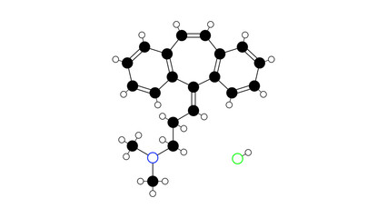 cyclobenzaprine hydrochloride molecule, structural chemical formula, ball-and-stick model, isolated image muscle relaxant