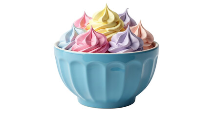 Isolated bowl of colorful meringue swirls, delicate desserts in pastels, tasty sweets