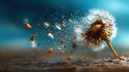 A close-up view of a dandelion being blown apart, capturing the moment of dispersal, representing change, freedom, and the beauty of nature in motion.
