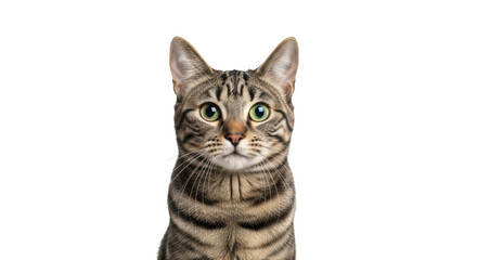 Isolated portrait of a cute striped tabby cat looking at the camera with big green eyes