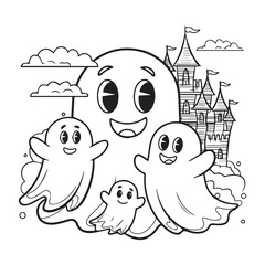 Smiling Ghost Family Floating Before Haunted Castle with Clouds Line Art Design. 