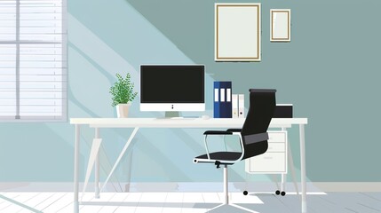 Simple Office Background Design Images, presenting neat desks, floor plants, transparent glass windows, minimalist meeting areas and other elements with a simple visual style. Covering fresh tones 