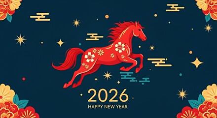 Fototapeta premium Red Horse Illustration Celebrating Lunar New Year 2026 on Dark Blue Background with Flowers and Stars