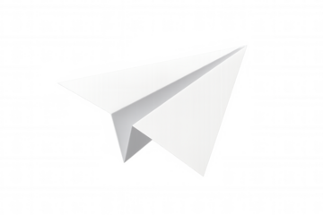 White paper airplane icon representing mail, send, communication, freedom, flight, and travel, transparent background